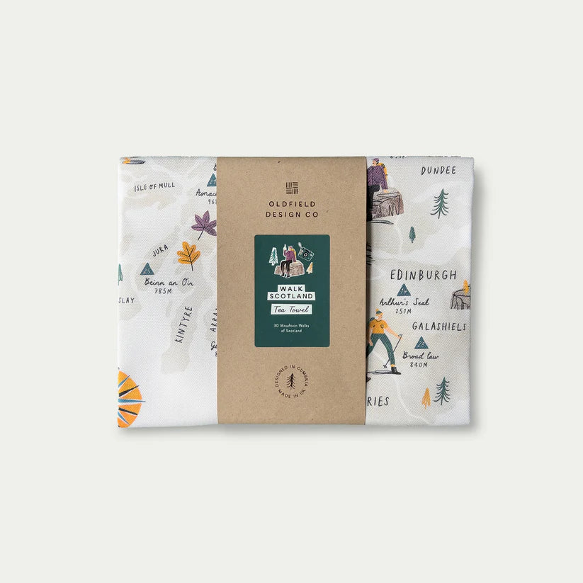 Walk Scotland tea towel featuring a map of Scotland with illustrated hiking trails and mountain peaks.