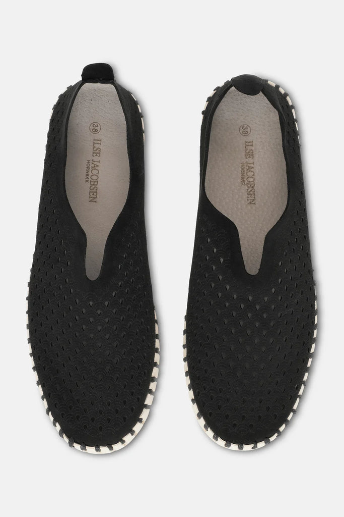 Pair of Ilse Jacobsen Hornbæk black perforated slip-on shoes with cream trim.