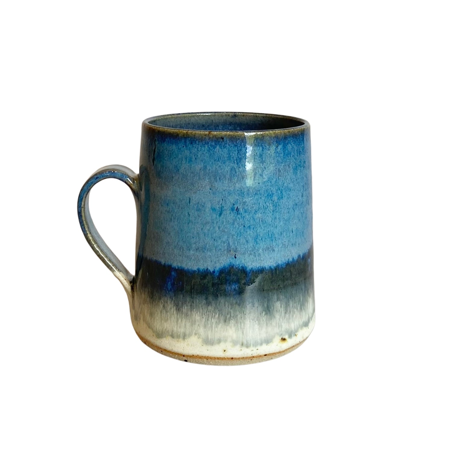 Hand-thrown stoneware mug with a blue, grey, and white glaze, featuring a speckled base.