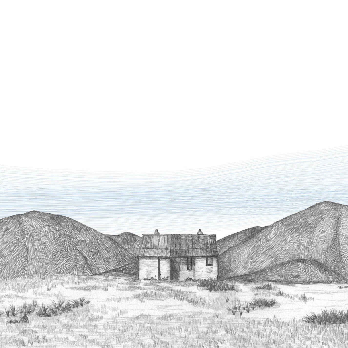 Pencil sketch of a small, simple cottage in a mountainous landscape.