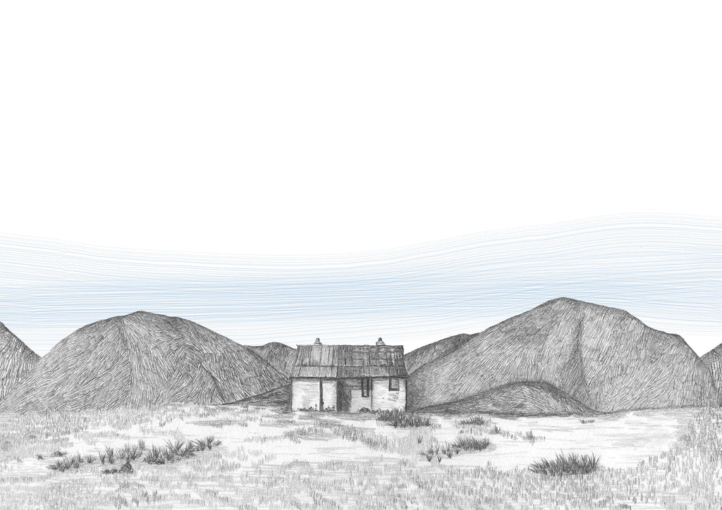Pencil sketch of a small, gabled cottage in a mountainous landscape.