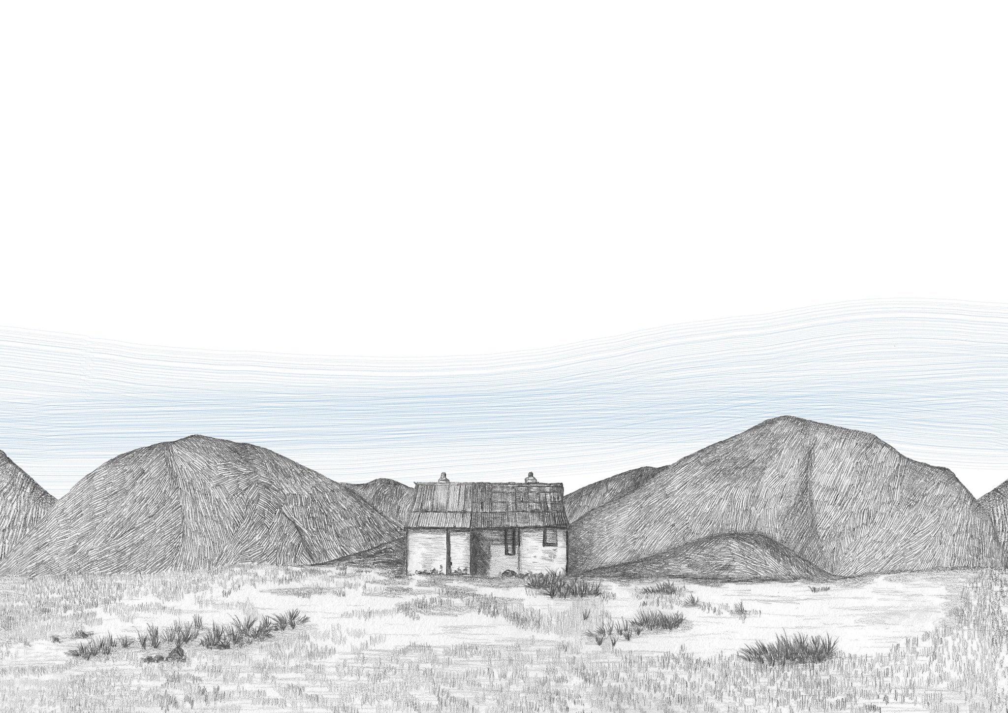 Pencil sketch of a small, gabled cottage in a mountainous landscape.