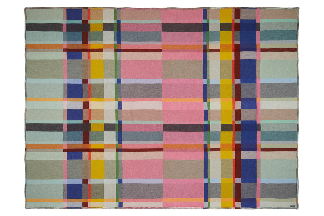 Multicolored plaid patterned rug on a white background