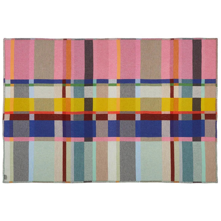 Rectangular rug with a colorful plaid pattern on a white background