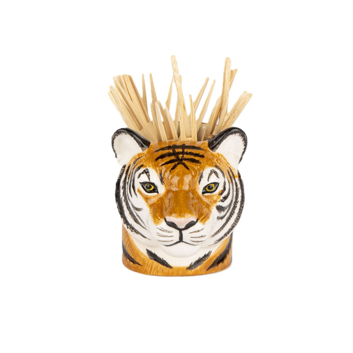 Tiger-themed toothpick holder with toothpicks on a white background