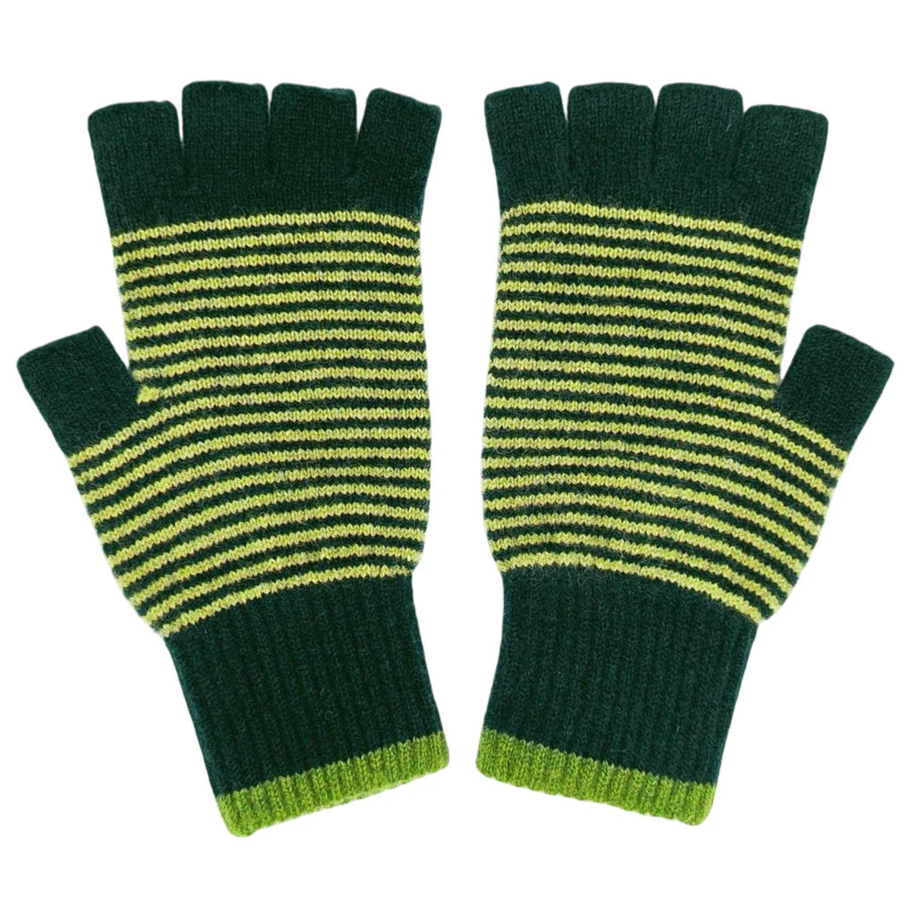 Lambswool Fingerless Gloves - Dark & Bright Green Stripes