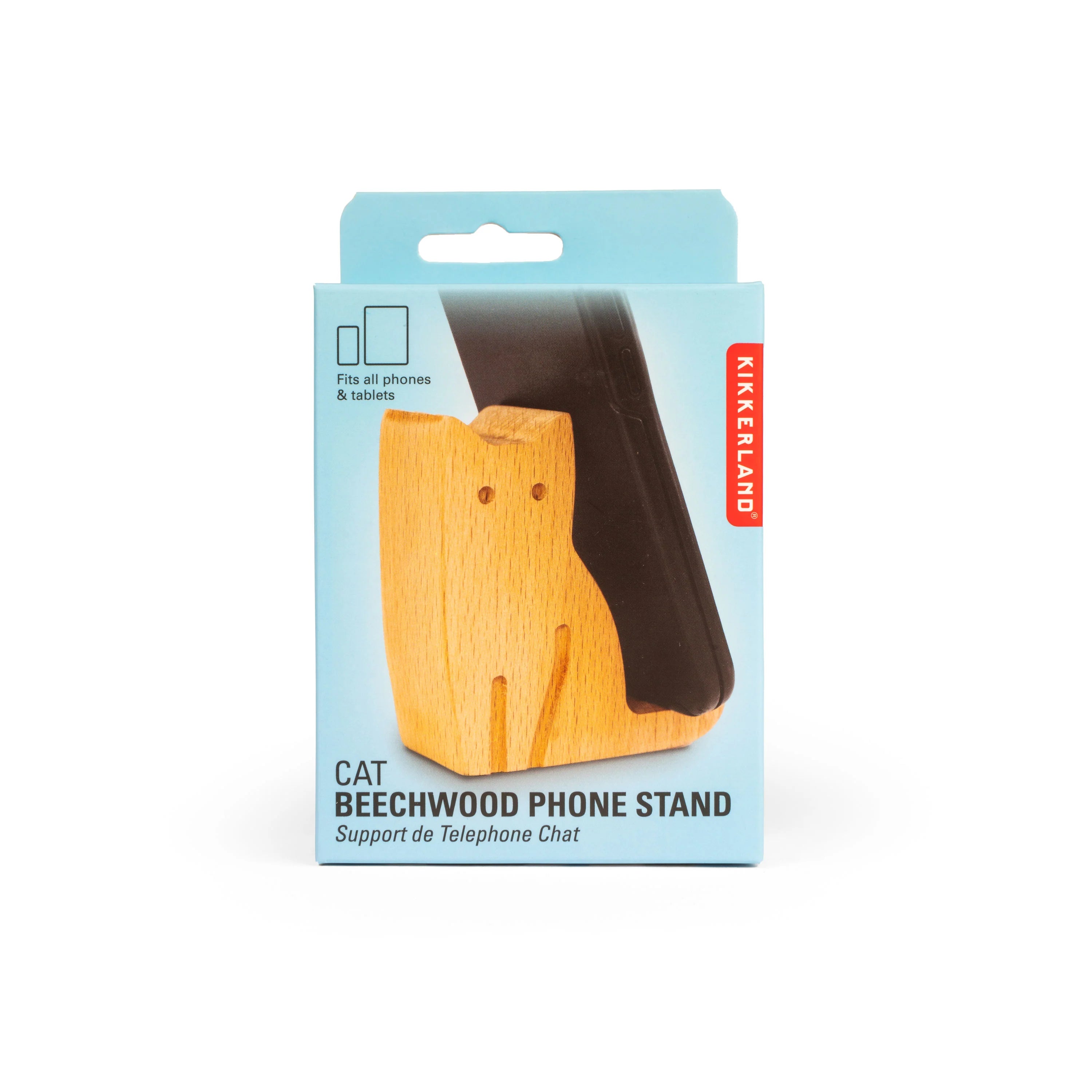 Wooden cat-shaped phone stand in light blue packaging.  The stand is designed to hold phones and tablets.