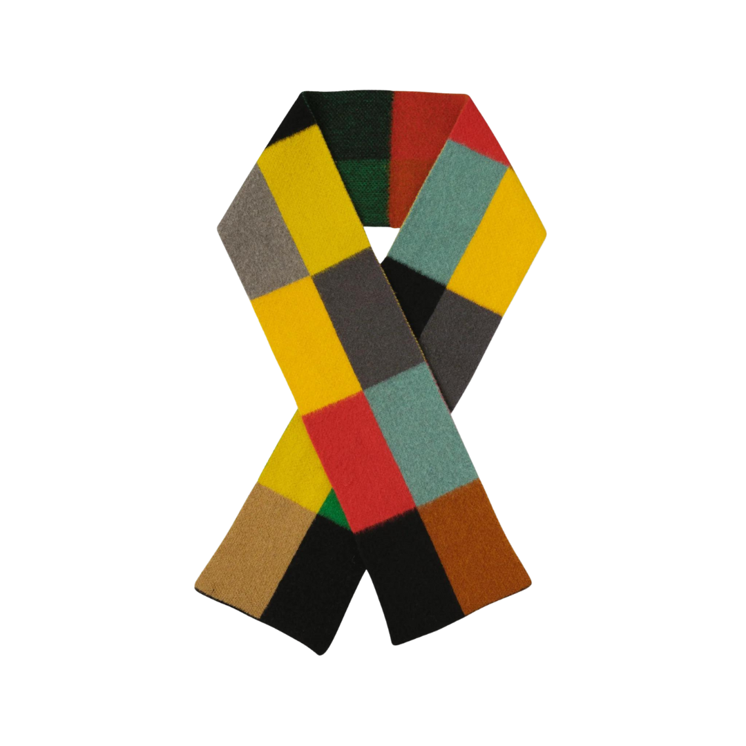 Multicolored wool scarf with a checkered pattern in shades of yellow, red, gray, green, and brown.