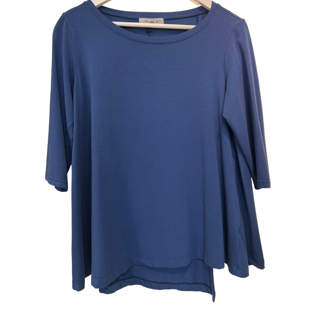 Blue, three-quarter sleeve, A-line tunic top with a high-low hem.