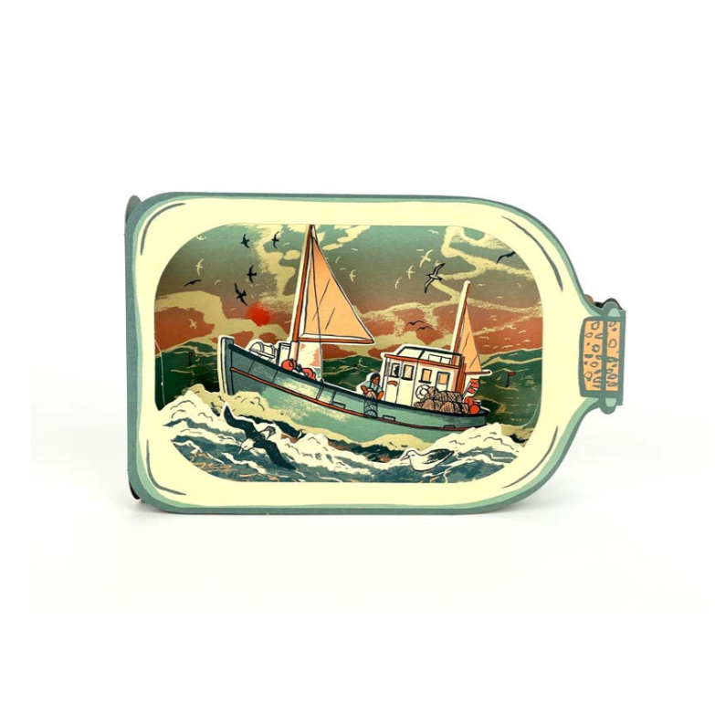 Pop-up card depicting a fishing boat at sea inside a message in a bottle.