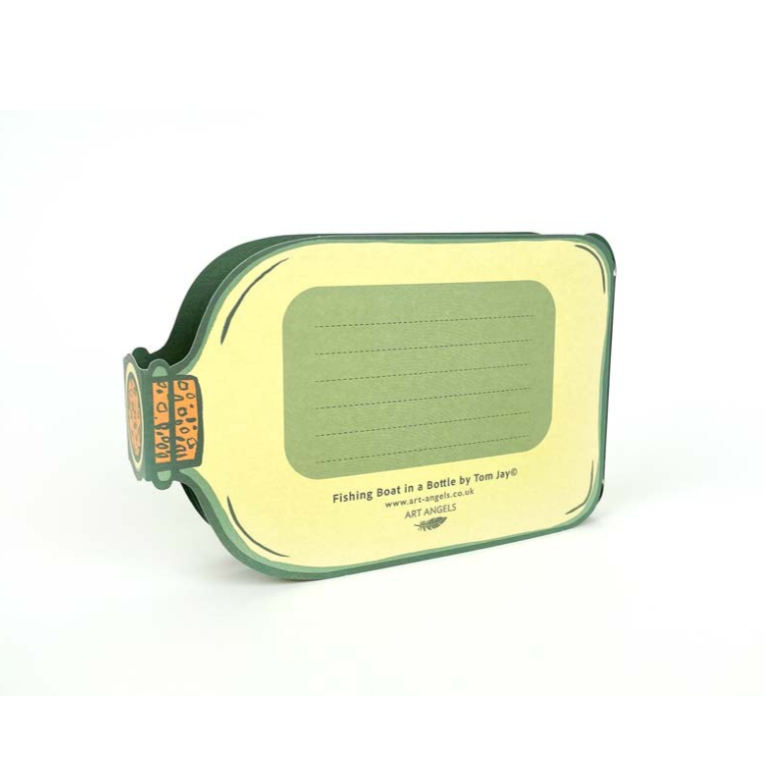 A pale yellow and green card shaped like a message in a bottle, with lined writing space inside.