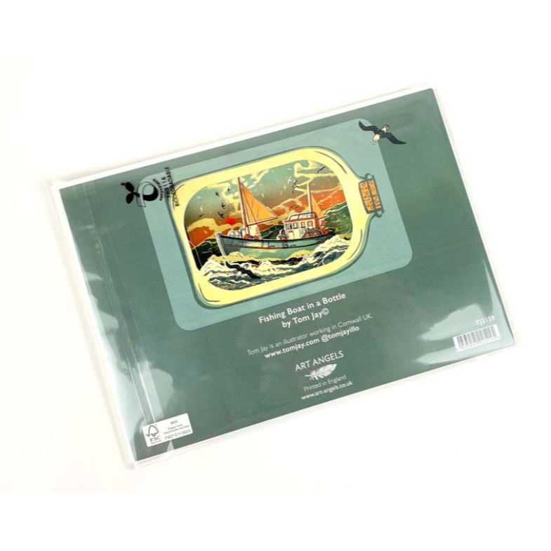 Greeting card depicting a fishing boat inside a glass bottle, illustrated in a vintage style.