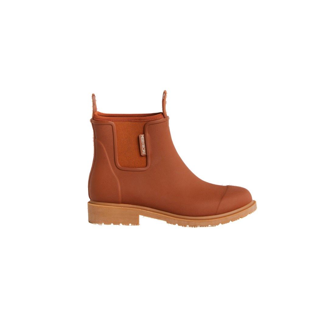 Brown rubber ankle boot with a tan sole and a small logo on the side.