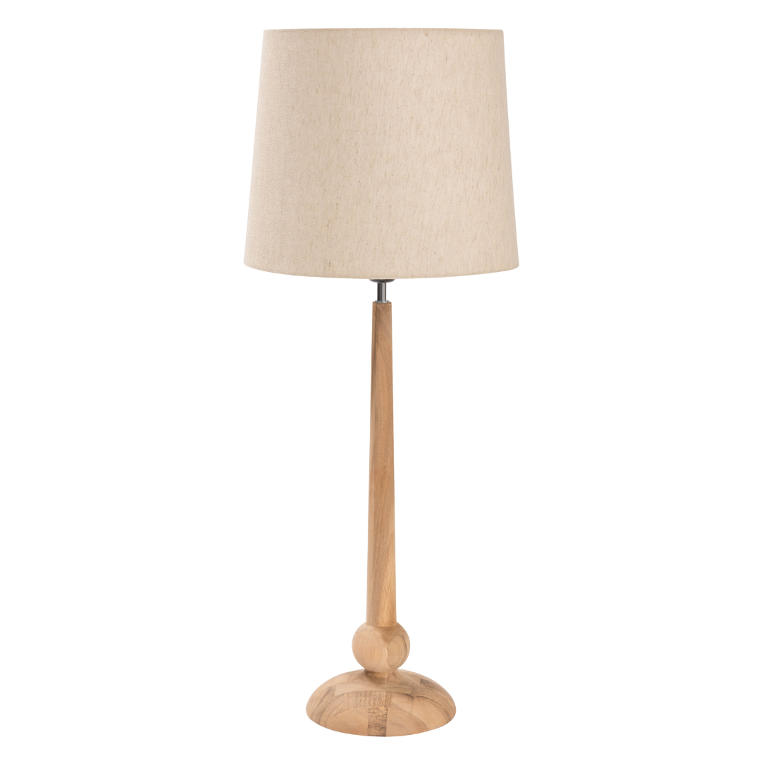 Wooden table lamp with a beige fabric shade and a slender, slightly bulbous base.