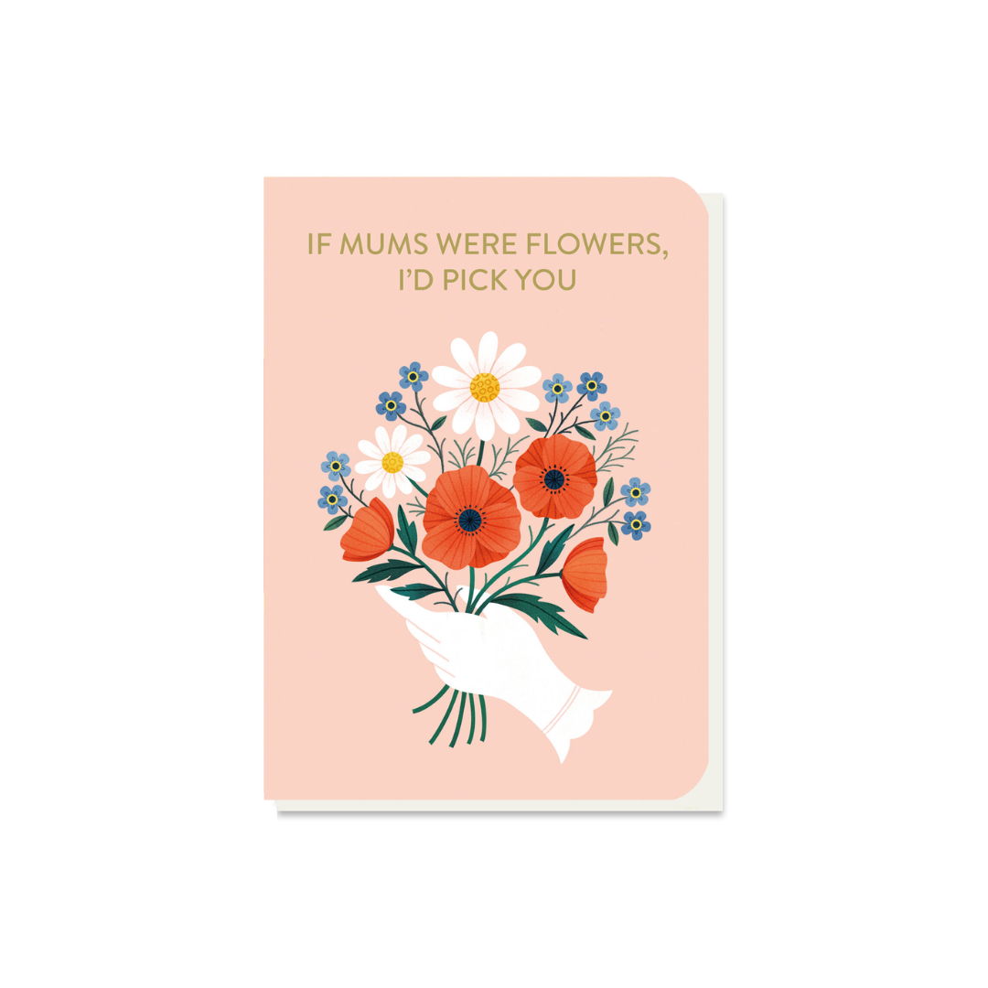 Mother's Day card featuring a pink background, a hand holding a bouquet of red poppies, daisies, and blue forget-me-nots.