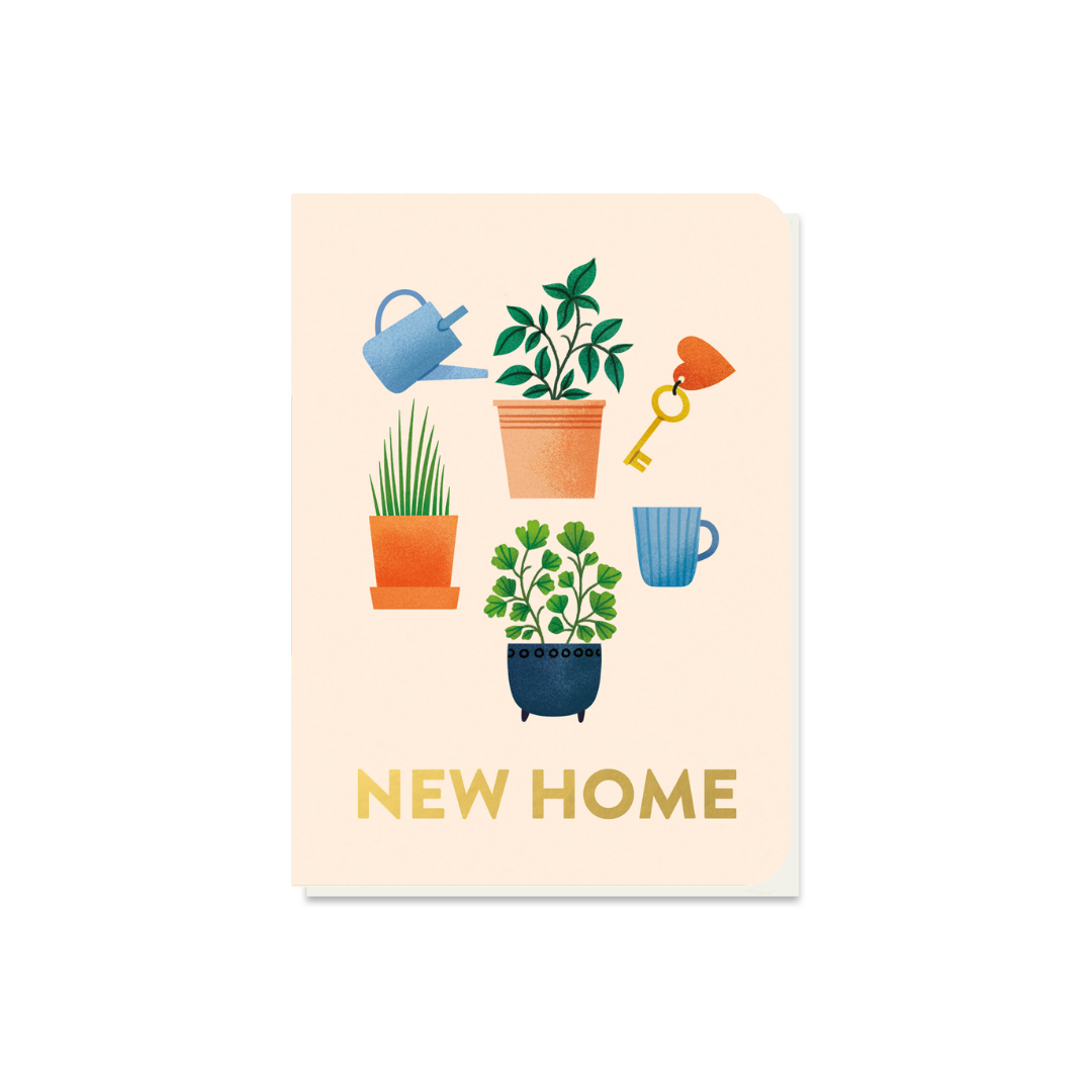 New home greeting card featuring potted plants, a watering can, key, and mug.