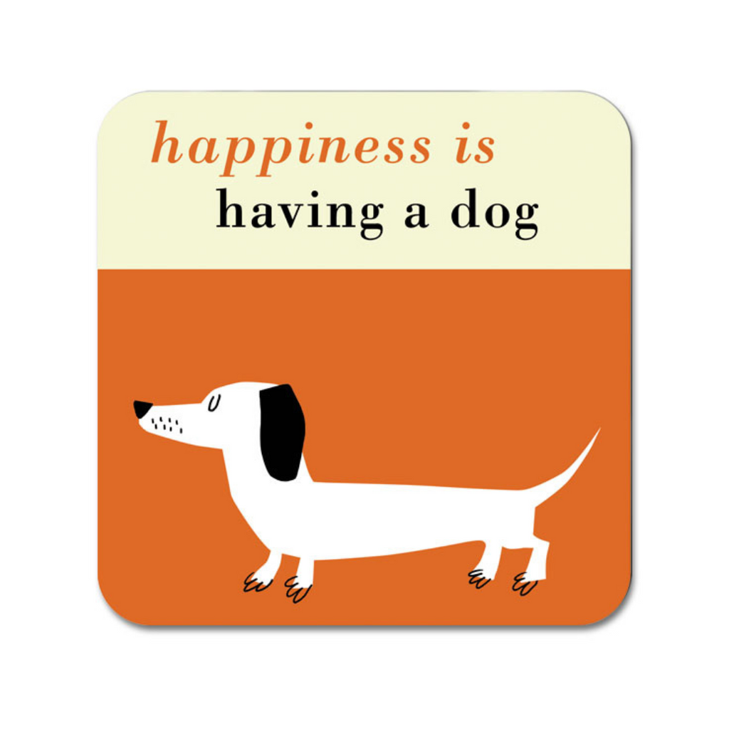 Square coaster featuring a stylized white dachshund on an orange background. Text reads "happiness is having a dog".