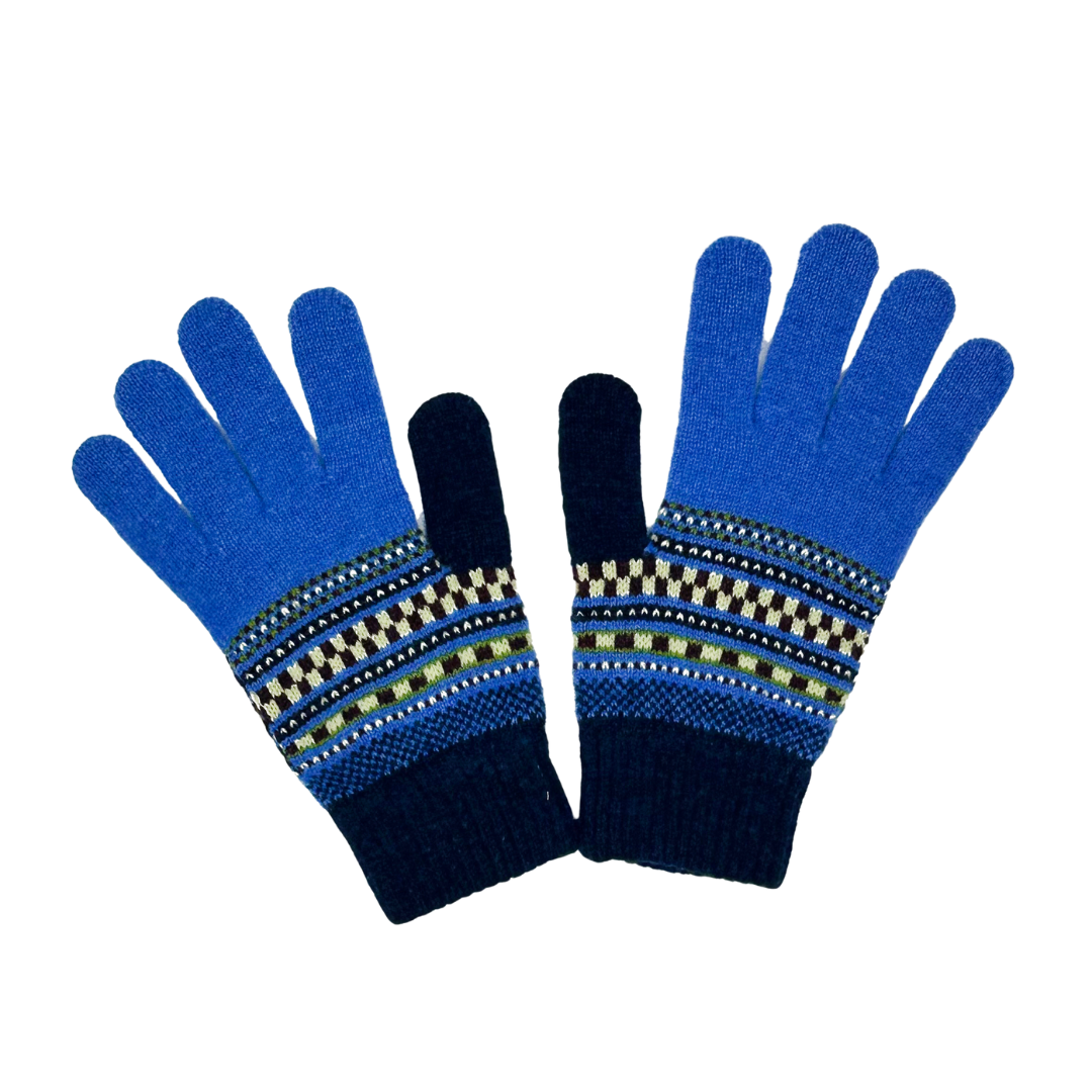 Pair of blue knitted gloves with a dark blue cuff and multicolored patterned band.