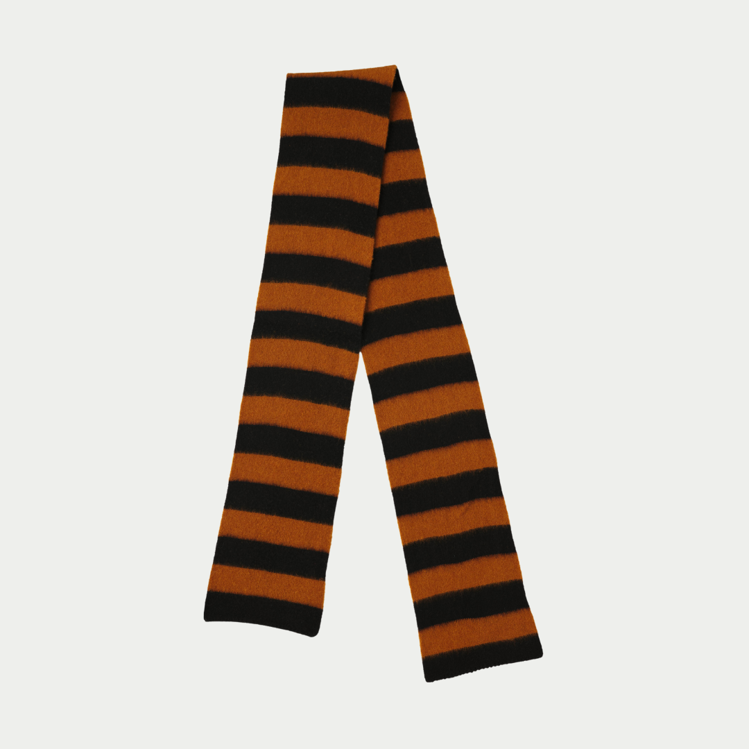 Brown and black horizontally striped knit scarf.