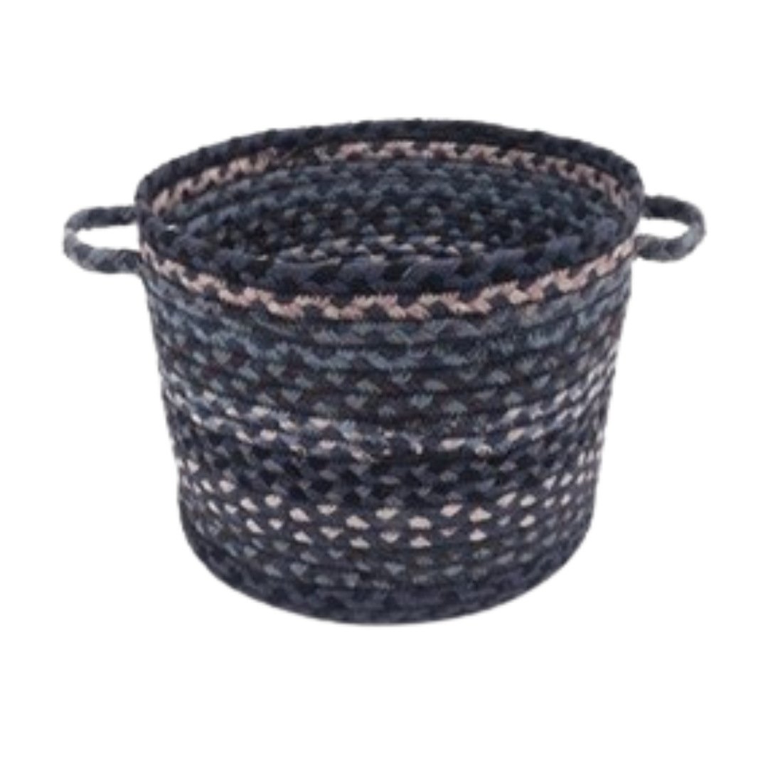 Round braided storage basket with two handles; navy blue, gray, and light pink stripes.