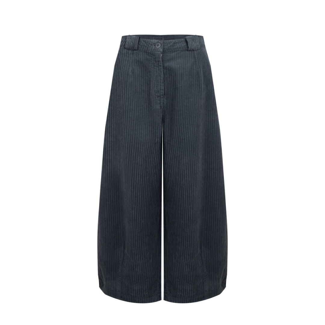Dark gray wide-leg corduroy pants with thin vertical stripes.