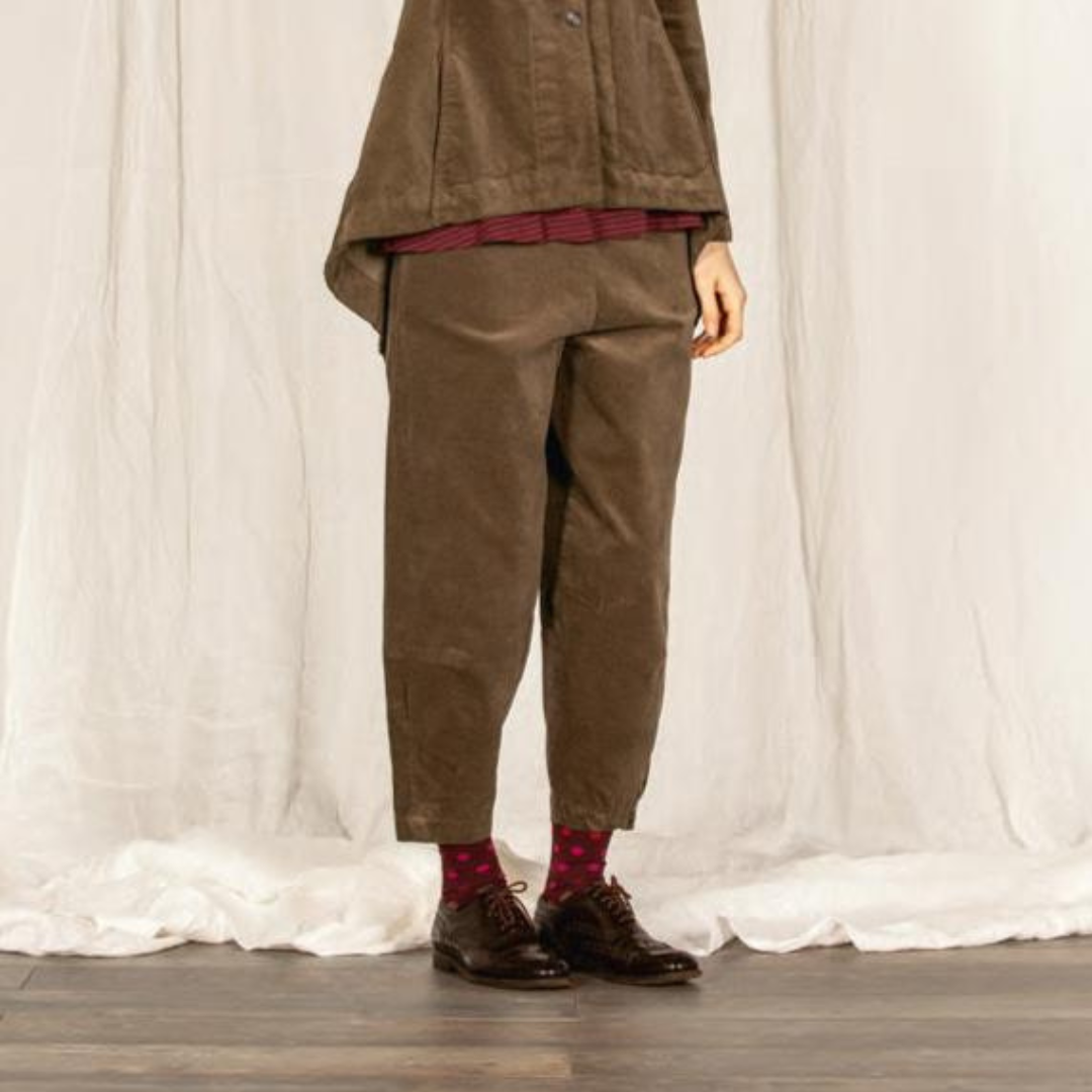 Olive green corduroy pants with a relaxed, wide-leg fit.