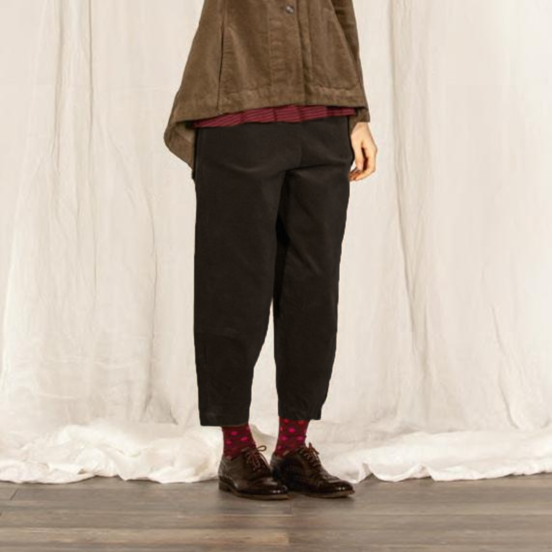 Black, wide-leg cropped trousers.
