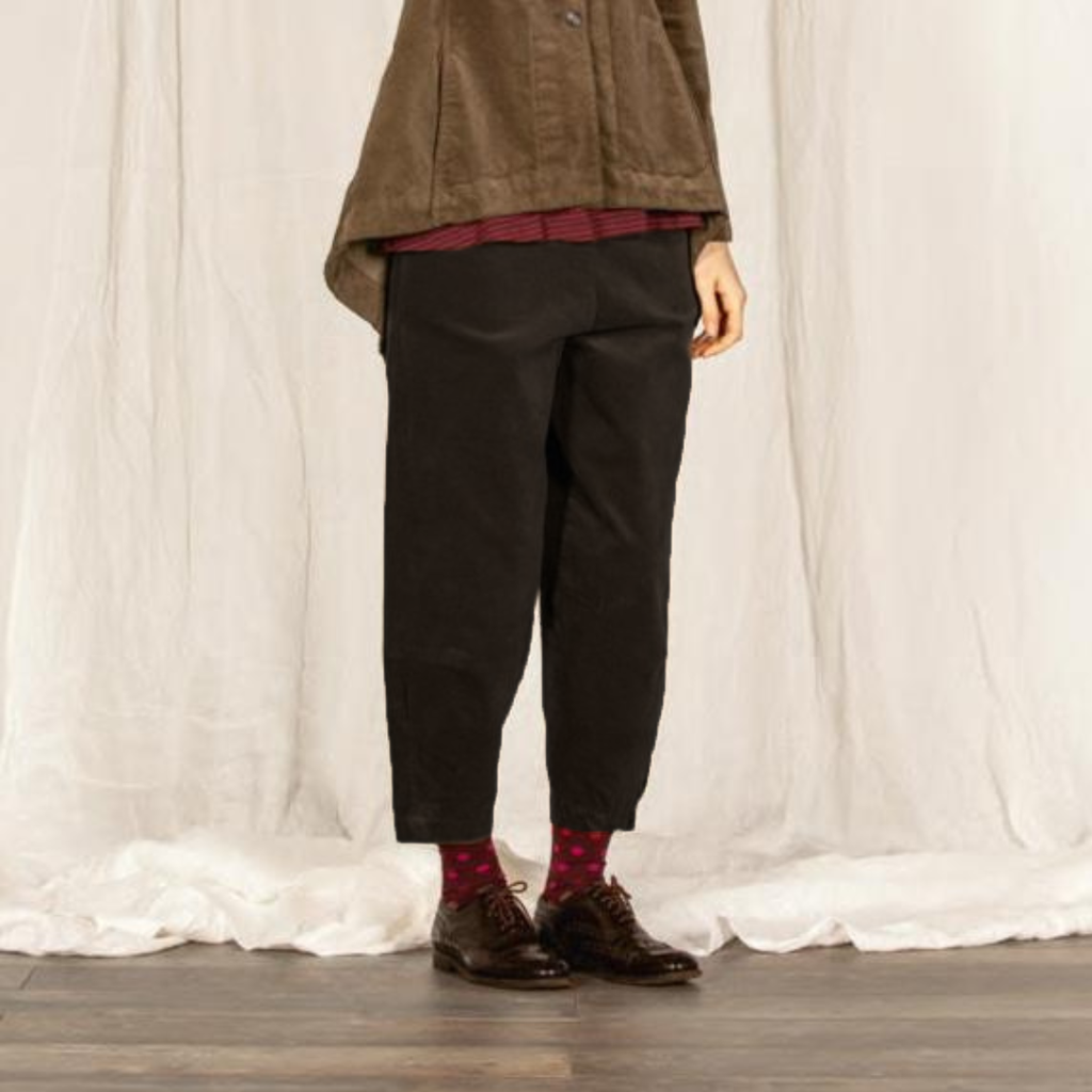 Black, wide-leg cropped trousers.