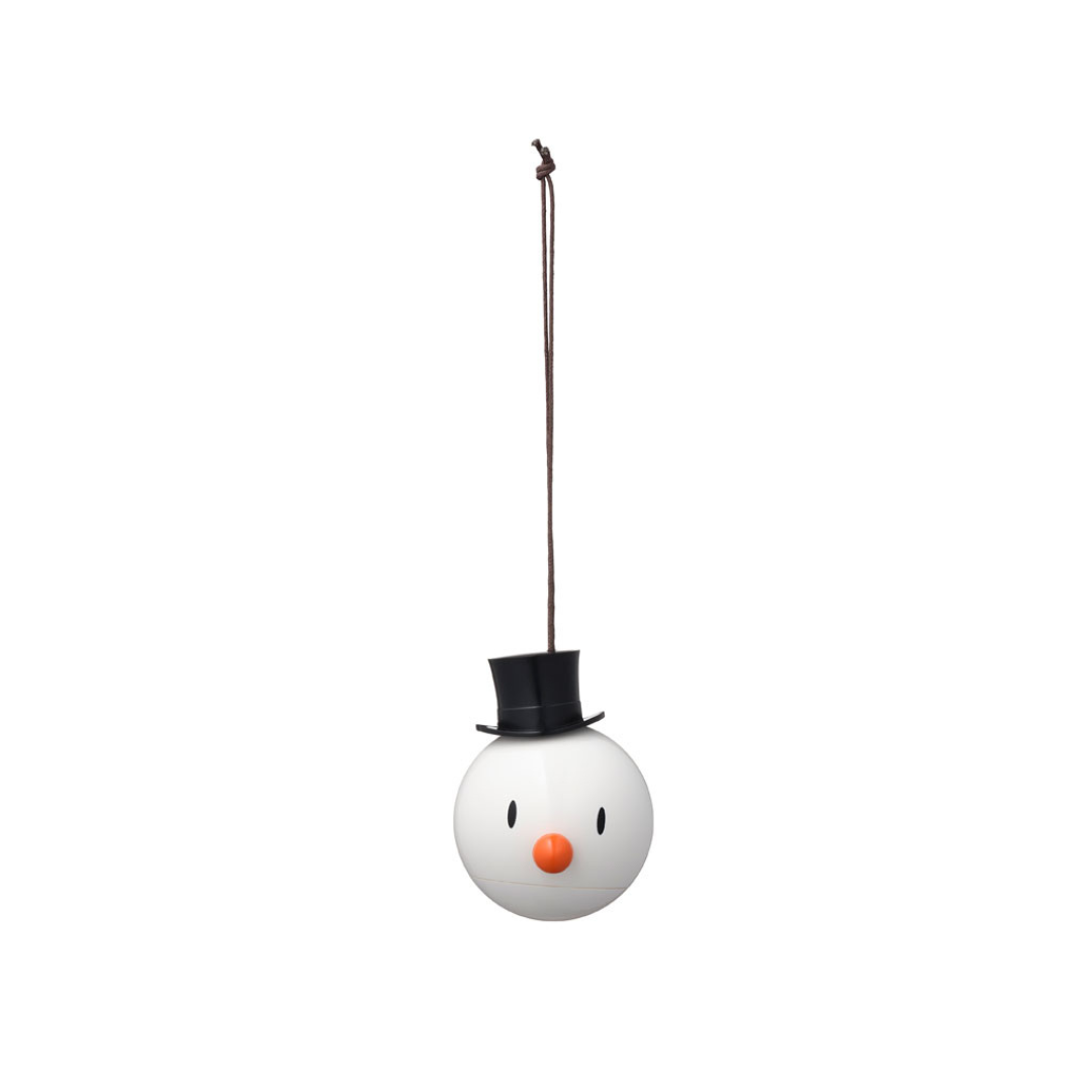White spherical snowman ornament with black top hat and orange nose, hanging from brown string.