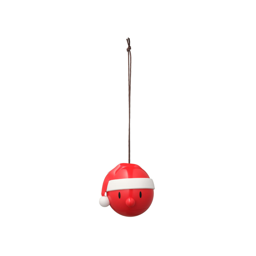 Red spherical Christmas ornament with a Santa hat, hanging from a brown string.  Simple facial features are visible.