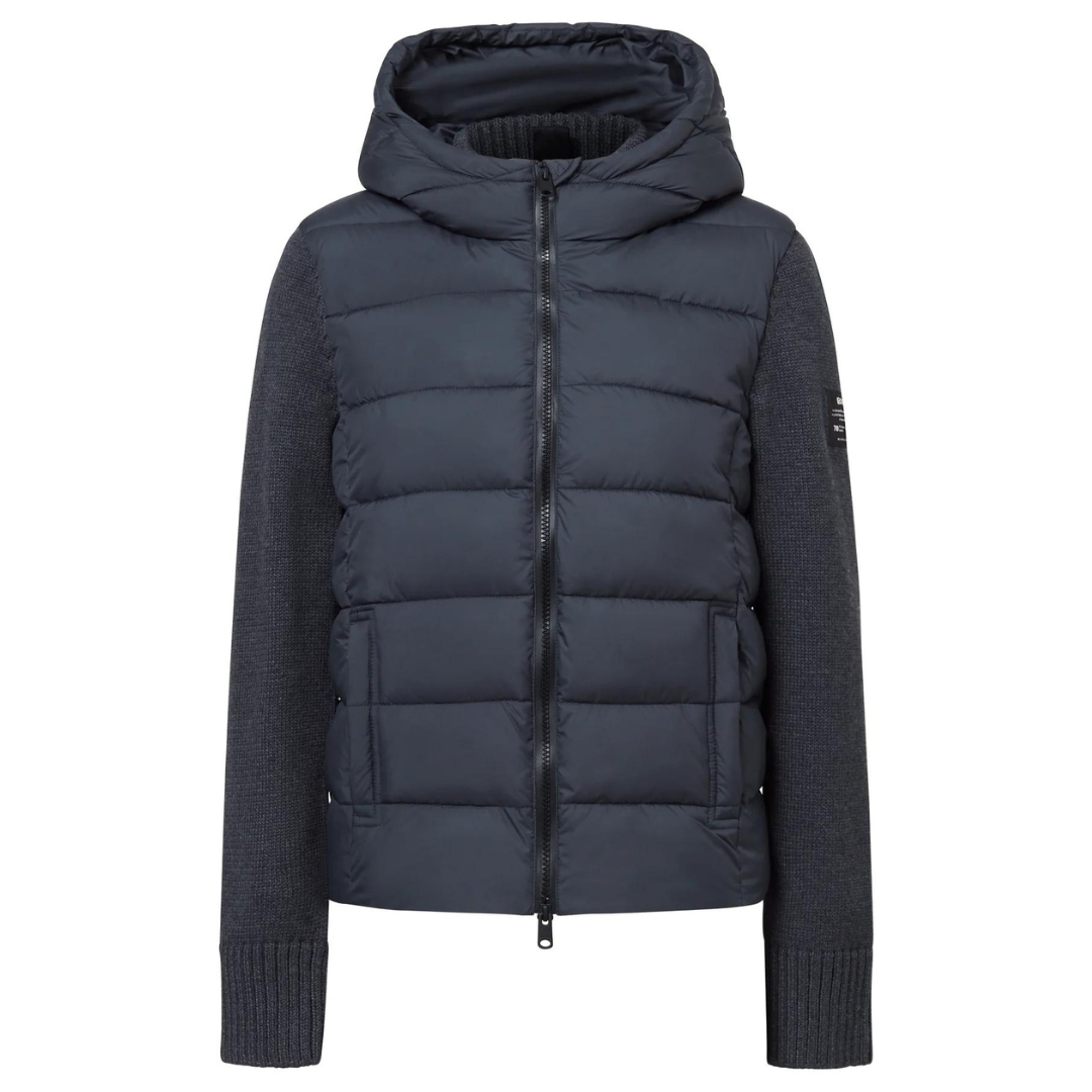 Dark navy hooded puffer jacket with gray knit sleeves and zipper closure.