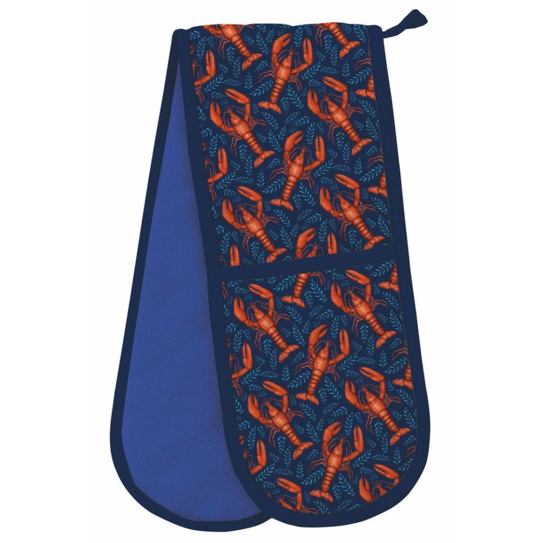 Double oven mitt with navy blue exterior and a repeating pattern of orange lobsters and teal leaves.
