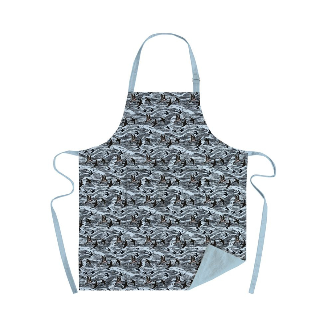 Light blue apron with a repeating pattern of dark birds in flight over wavy lines.
