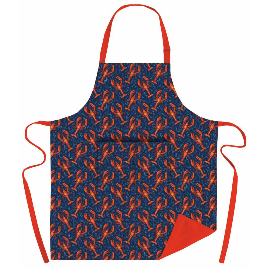 Navy blue apron with repeating pattern of orange lobsters and small leaves. Red straps.