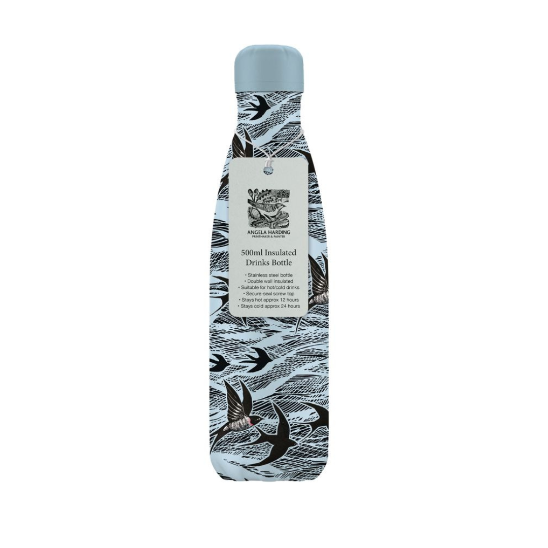 500ml insulated stainless steel drinks bottle with a light blue, swallow-patterned design.