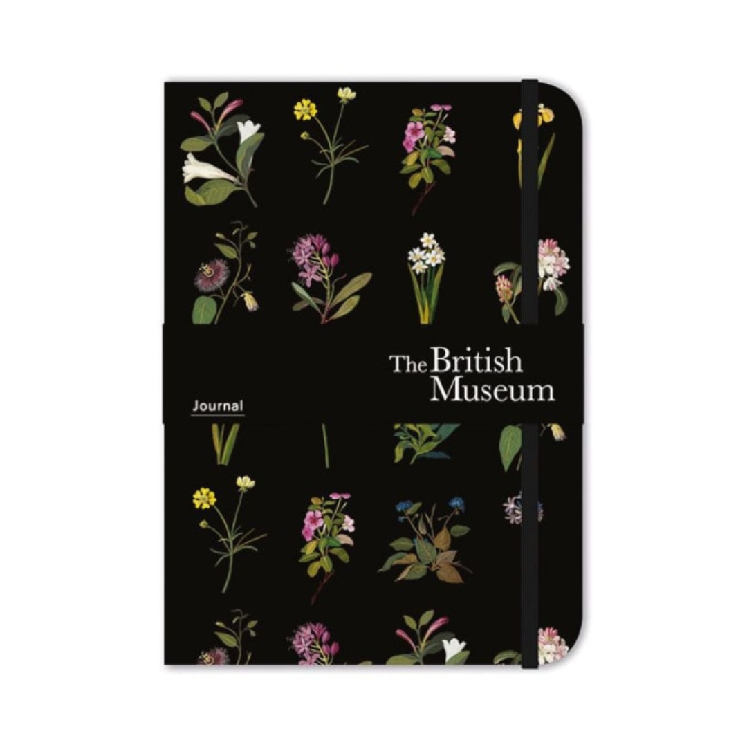 Black journal featuring a repeating pattern of various botanical illustrations.