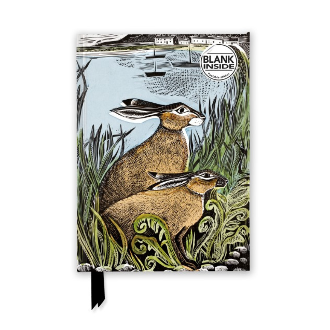 Portable notebook featuring linocut illustration of two hares in tall grass, against a seascape background.