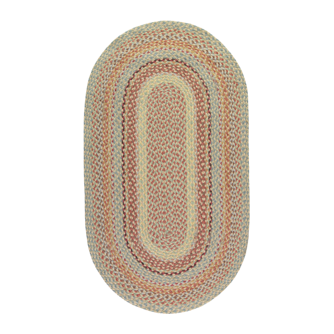 Oval braided rug with muted blue, tan, and red stripes.