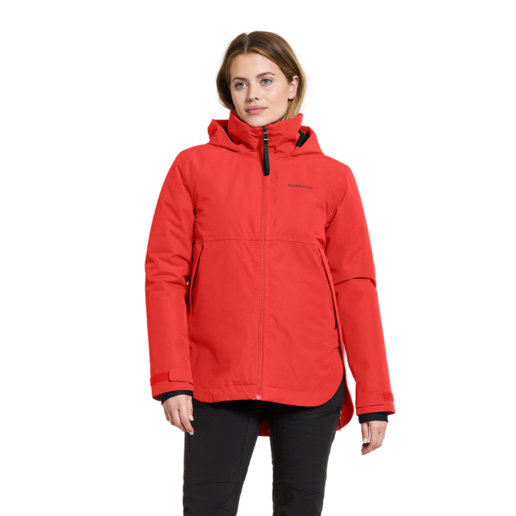 Red hooded women's jacket with zip closure and subtle branding.  Hip-length, featuring a relaxed fit.
