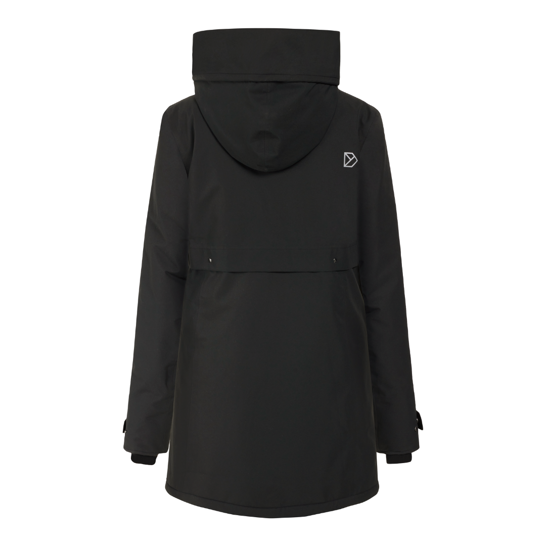 Black hooded parka with a concealed placket and small logo on the back.  Long sleeves and a straight hemline.