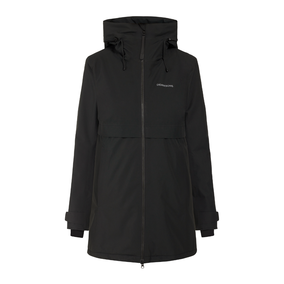 Black Didriksons zip-up hooded jacket with long sleeves and a slightly longer length.