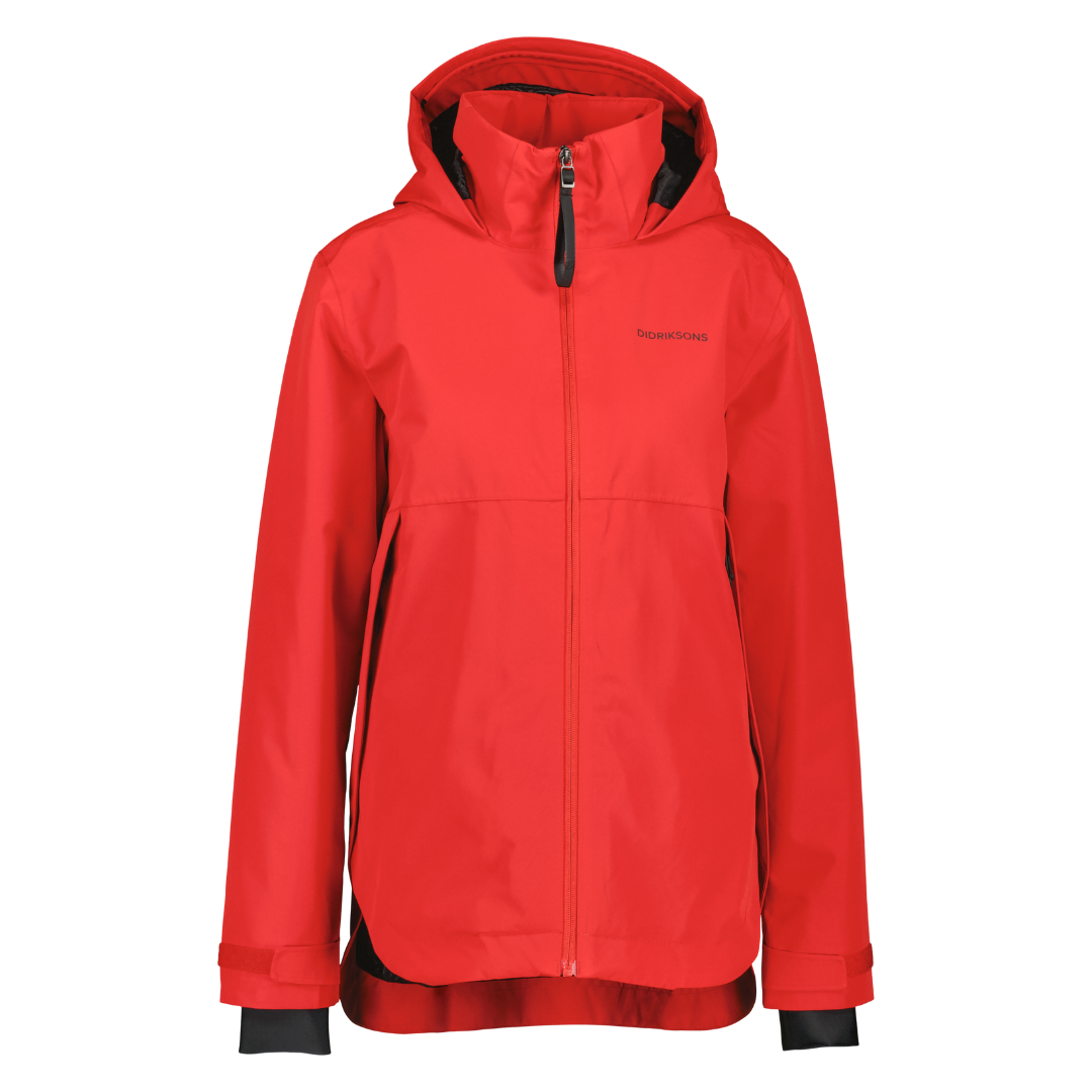 Red Didriksons hooded jacket with a front zip and long sleeves.
