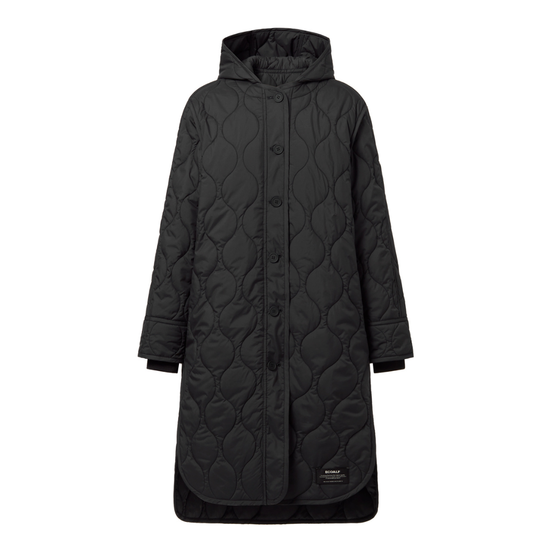 Black quilted hooded long coat with button closure.
