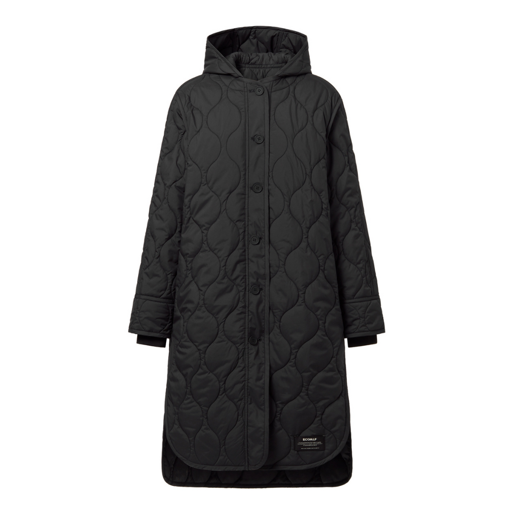 Black quilted long coat with a hood by Ecoalf, featuring a button-front closure and side pockets.