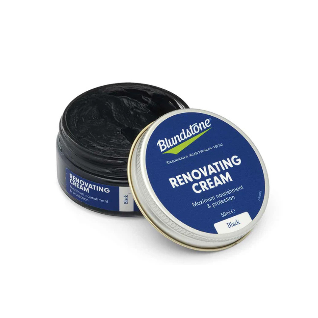 Blundstone Renovating Cream, 50ml black shoe polish in a tin.  Maximum nourishment and protection.