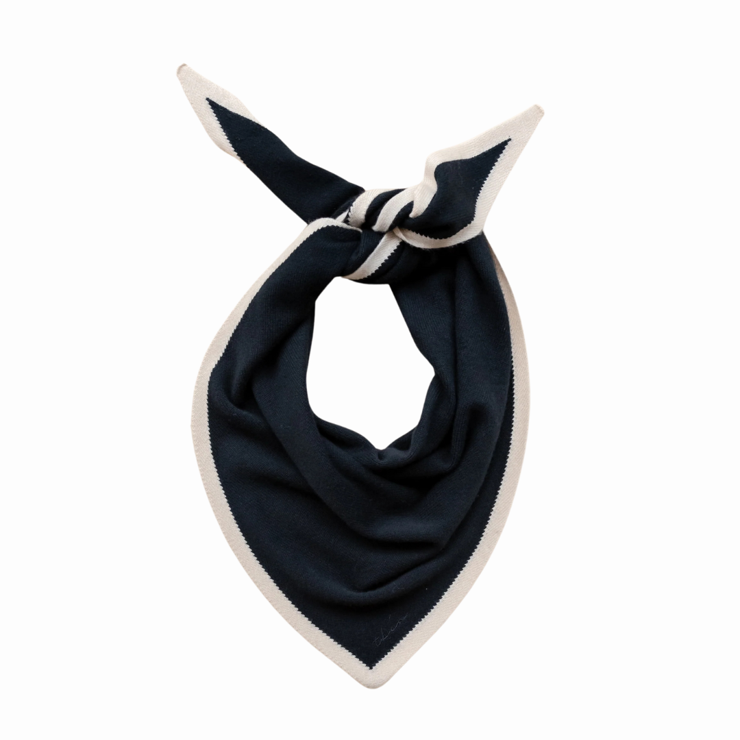 Dark navy blue knitted bandana with off-white border.