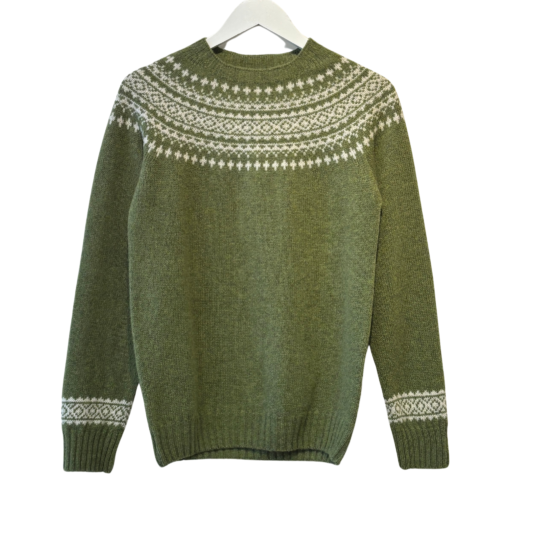 Olive green crewneck sweater with a white Fair Isle yoke and cuffs.