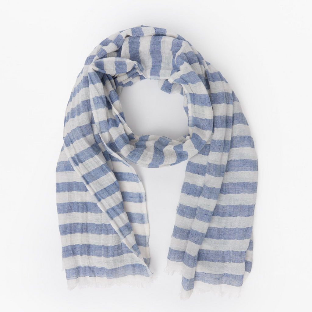 pale blue and white striped linen cotton scarf. 