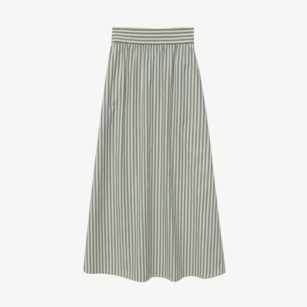 oatmeal and pale blue stiped full length maxi skirt with elasticated waist 