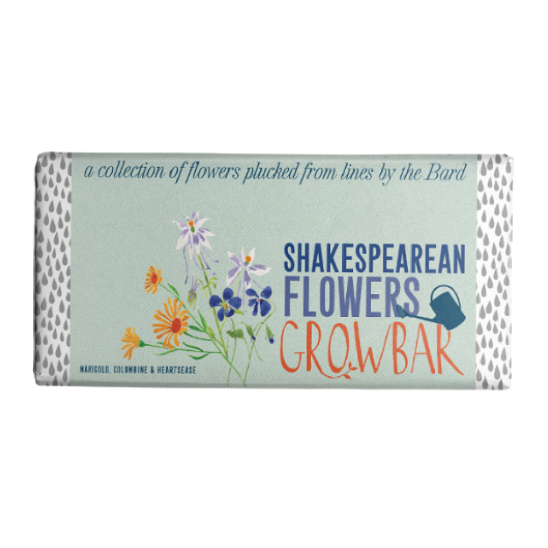 Shakespearean Flowers Growbar:  A seed packet featuring marigold, columbine, and heartsease illustrations.